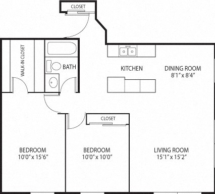 2 bed 1 bath floor plan at Mears Park Place, St. Paul